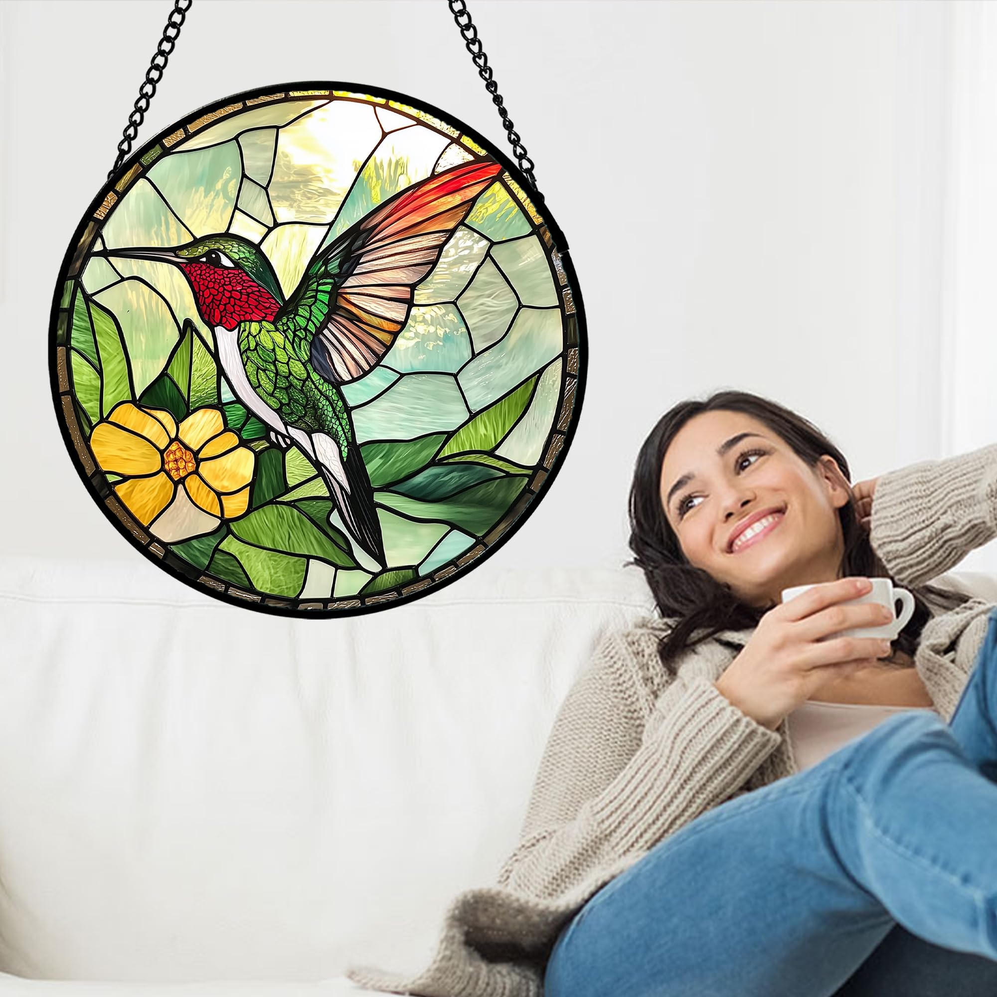 AMDERVEN stained glass sun catcher suits windows, doors, or shelves.