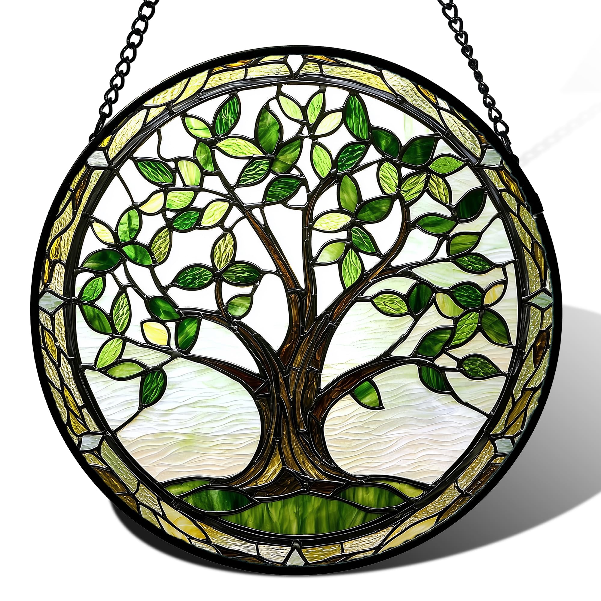 AMDERVEN stained glass window hanging with brown tree trunk brightens sunlit windows.