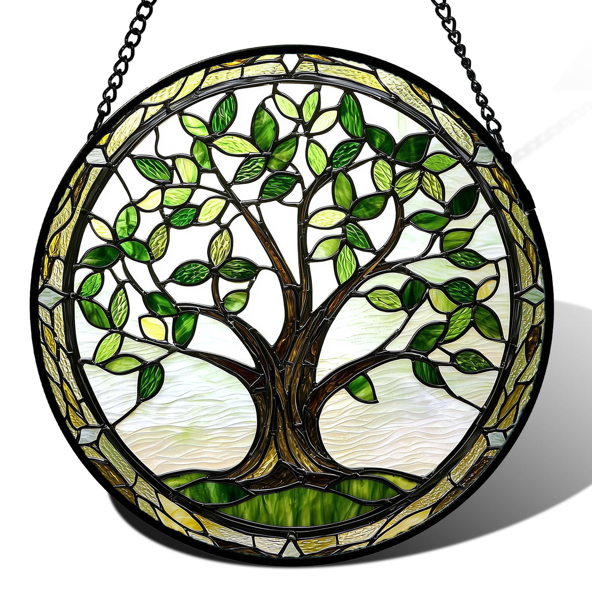 AMDERVEN stained glass window hanging with brown tree trunk brightens sunlit windows.
