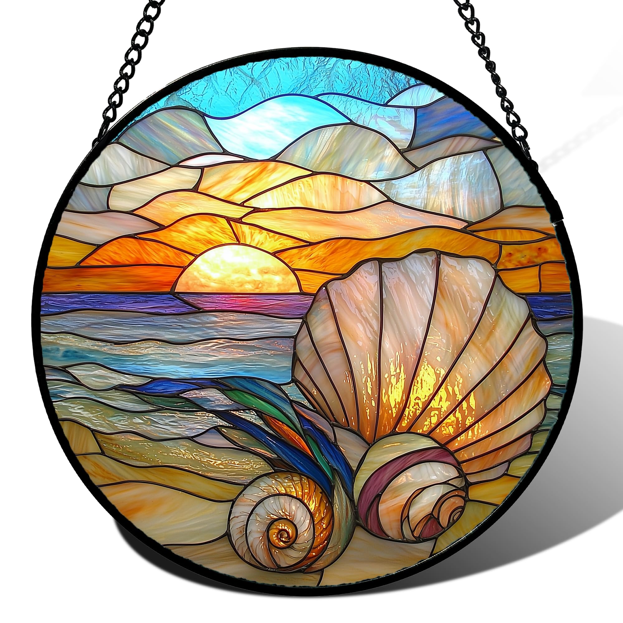 AMDERVEN stained glass window hanging with colorful beach shells brightens living spaces