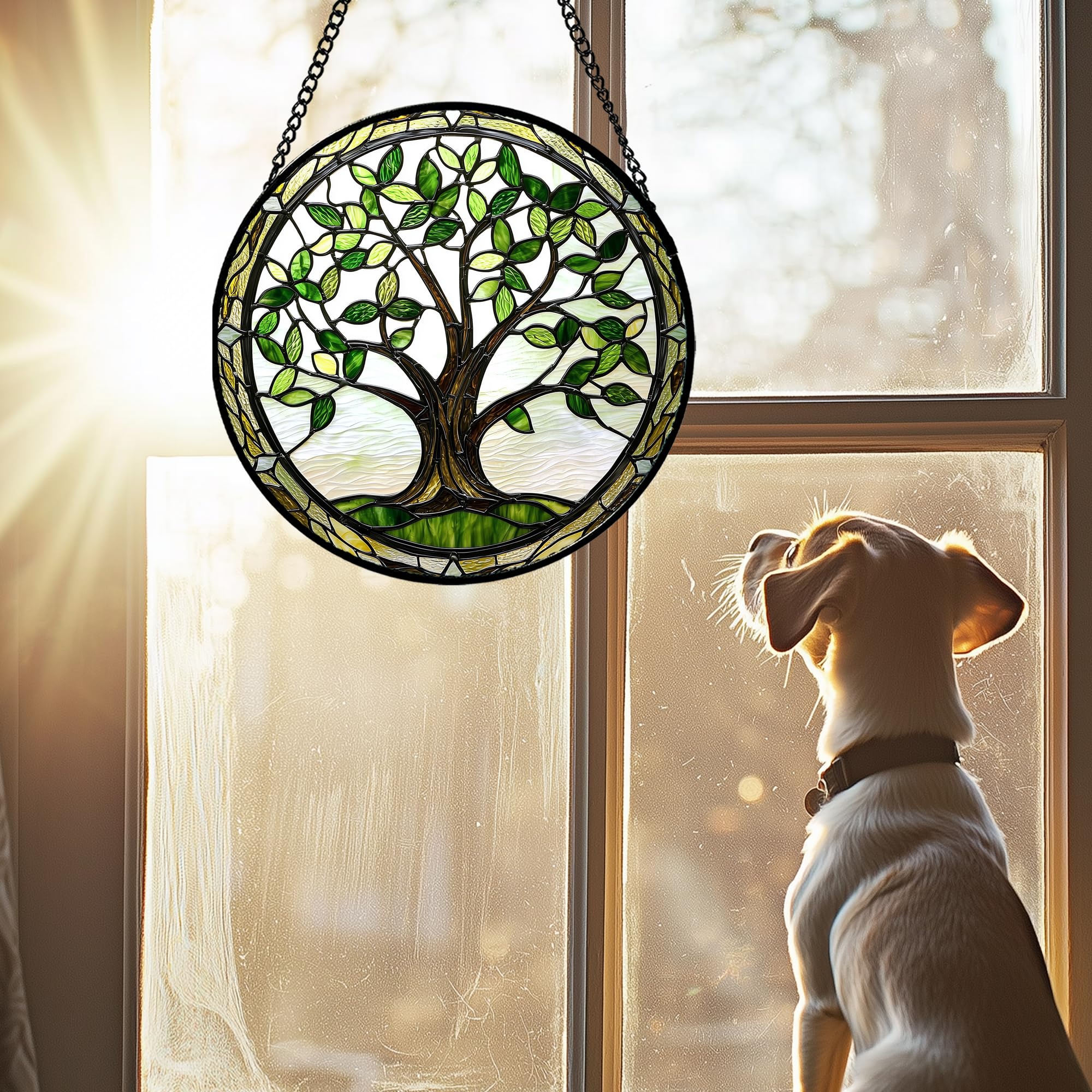 AMDERVEN stained glass window hanging features a detailed pattern enhancing decor with vibrant light.