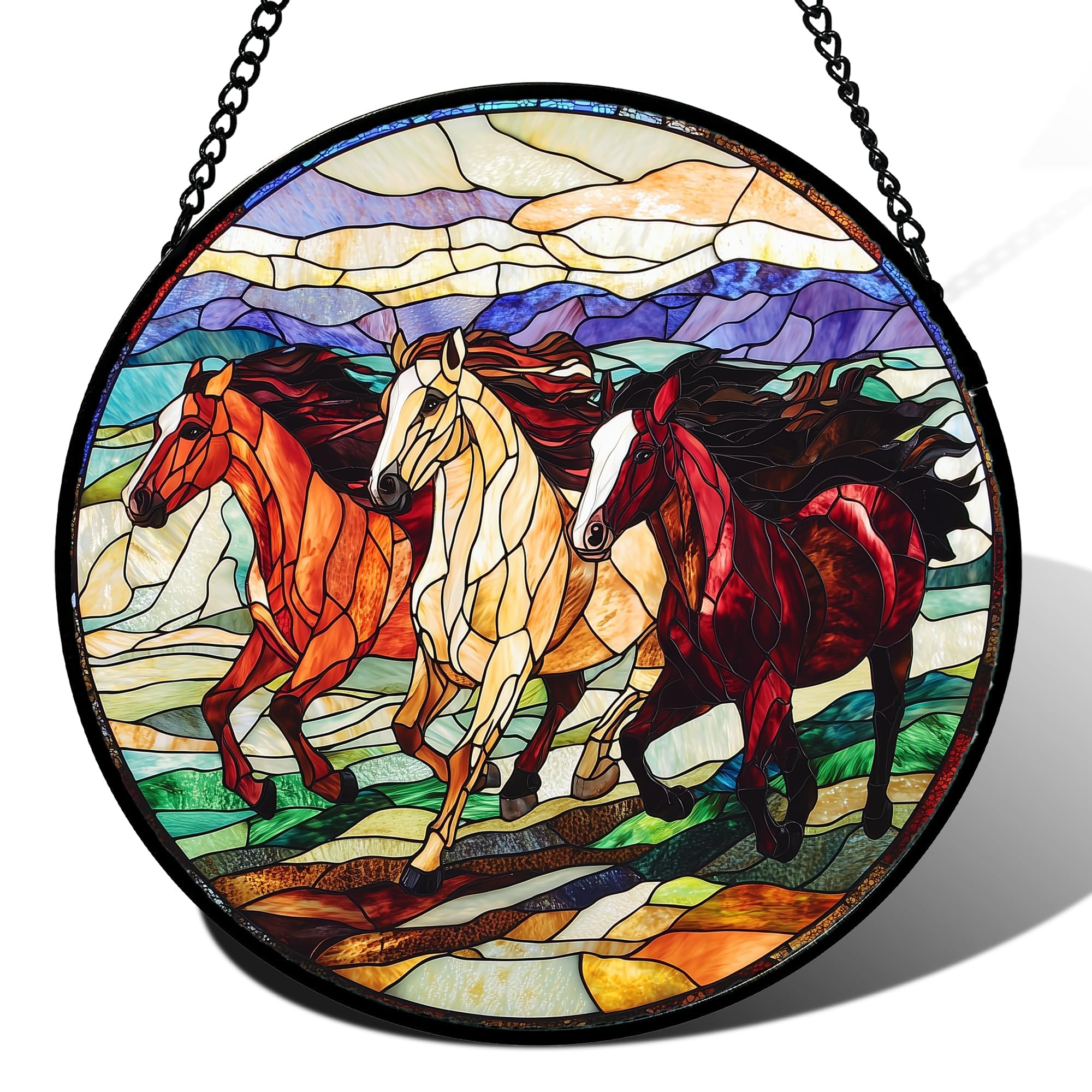 AMDERVEN stained glass window hanging with galloping horses casts warm colors.