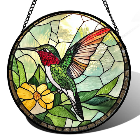 AMDERVEN stained glass window hanging features a green hummingbird and rainbow light.