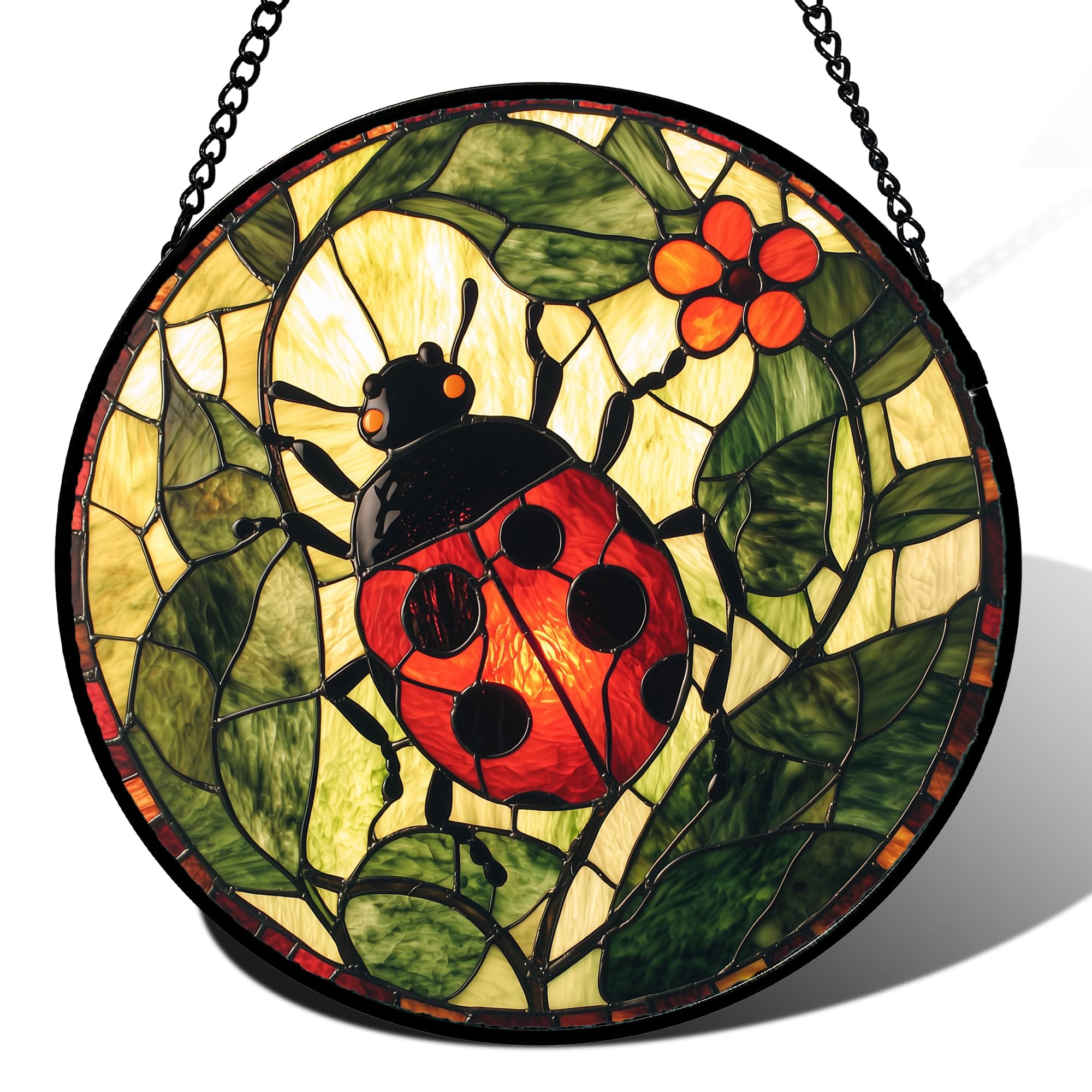 AMDERVEN red ladybug stained glass window hanging brightens sunlight with vivid, cheerful color.