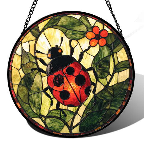 AMDERVEN red ladybug stained glass window hanging brightens sunlight with vivid, cheerful color.