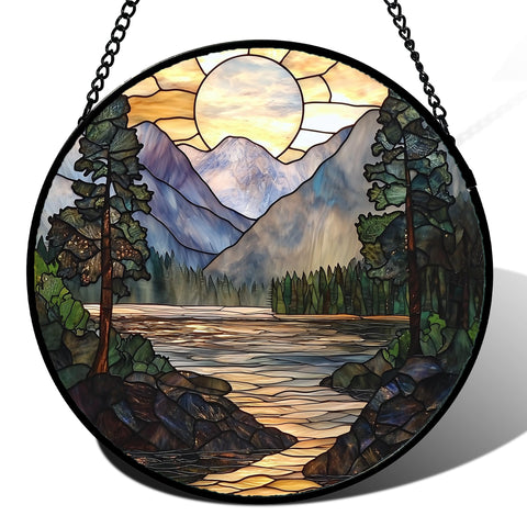AMDERVEN stained glass sun catcher showing sunset mountains for vibrant window decor.