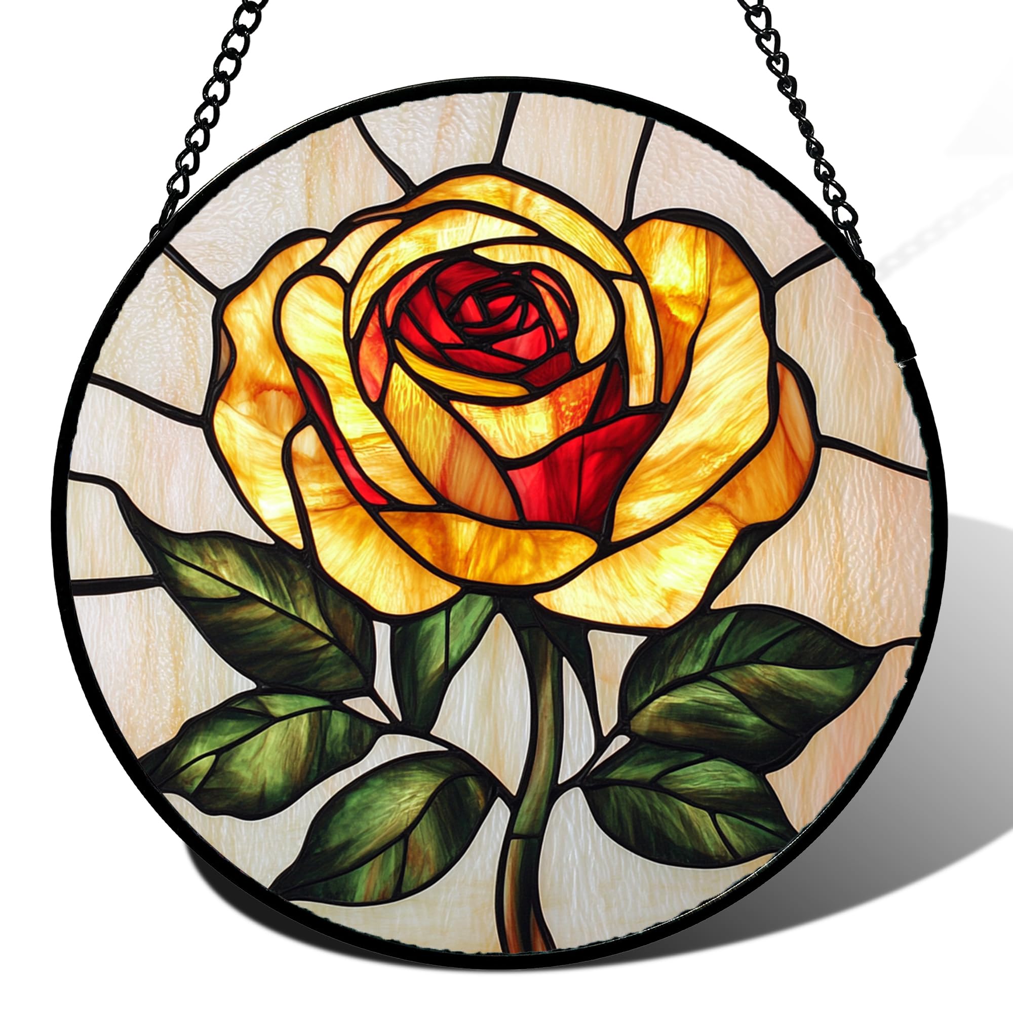 AMDERVEN stained glass window hanging yellow rose closeup enhances natural light with vivid color.