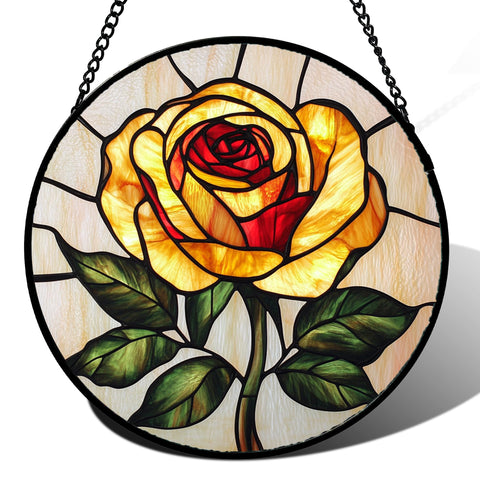 AMDERVEN stained glass window hanging yellow rose closeup enhances natural light with vivid color.