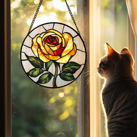 AMDERVEN sun catcher yellow rose lit by sunlight to create warm ambiance.