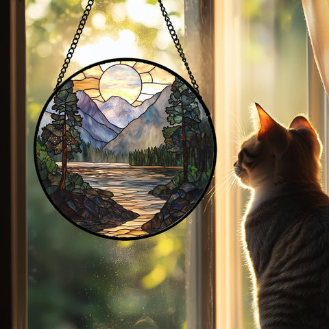 AMDERVEN sun catcher features sunset mountains and lake colors for warm living room ambiance