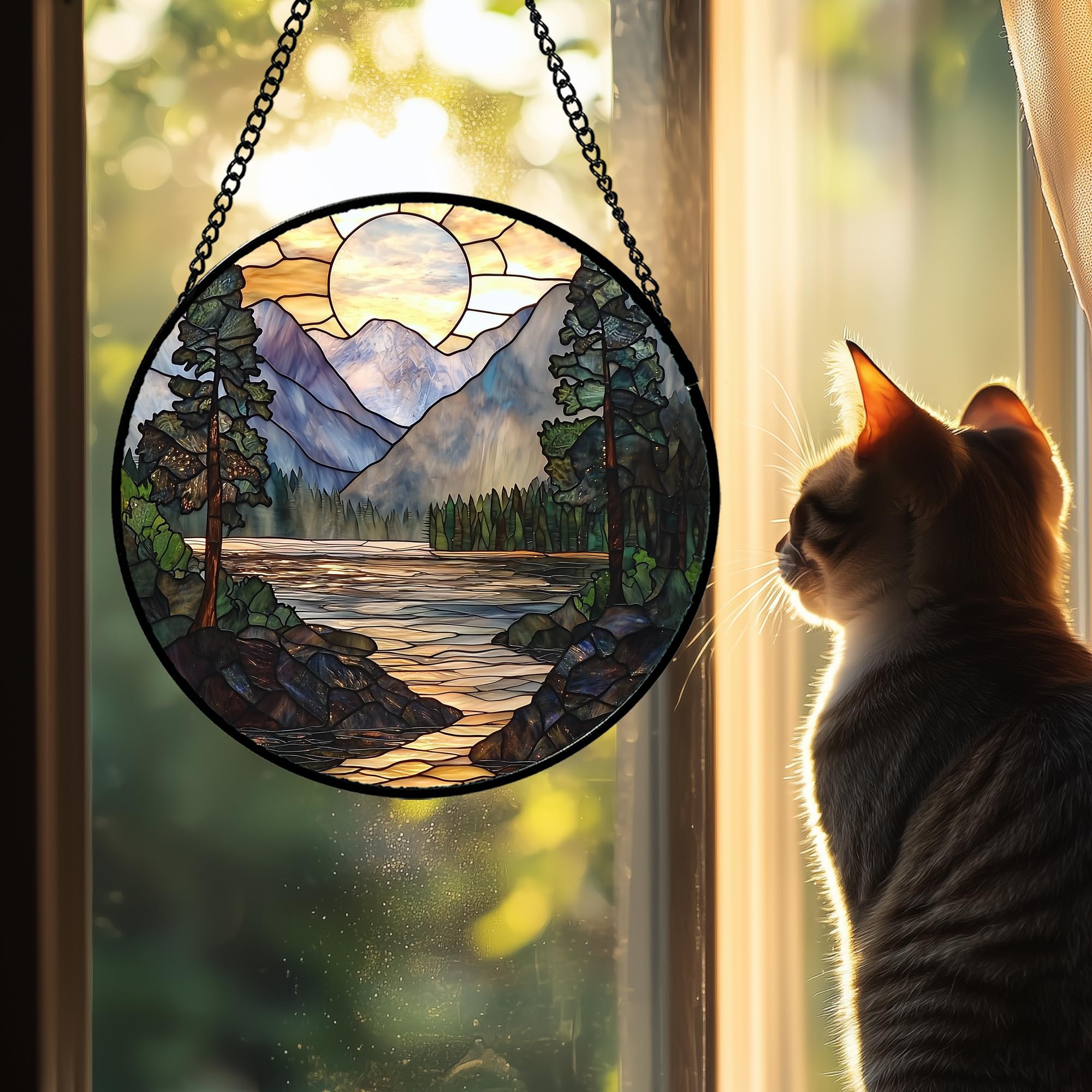 AMDERVEN vibrant stained glass colors diffuse sunlight, creating cozy ambiance
