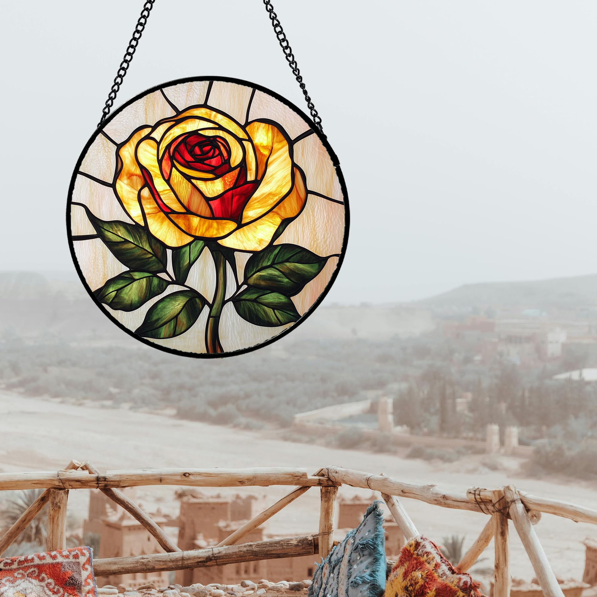 AMDERVEN vivid colors stained glass rose stands out under indoor lighting.