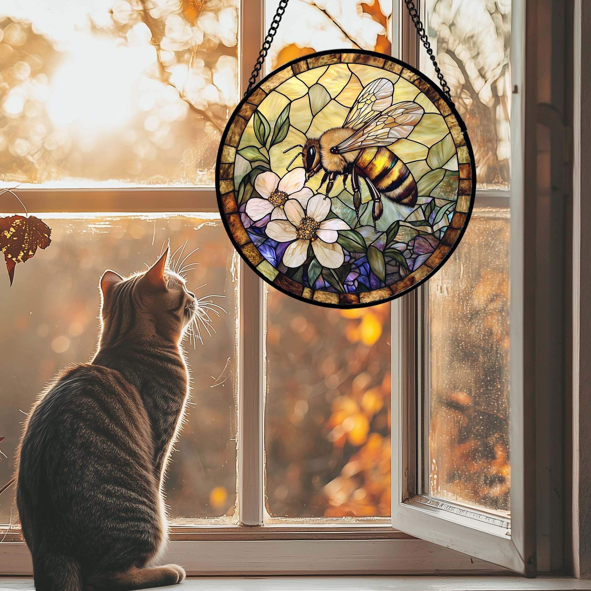 AMDERVEN window hanging sun catcher featuring yellow flower design for bright morning light.