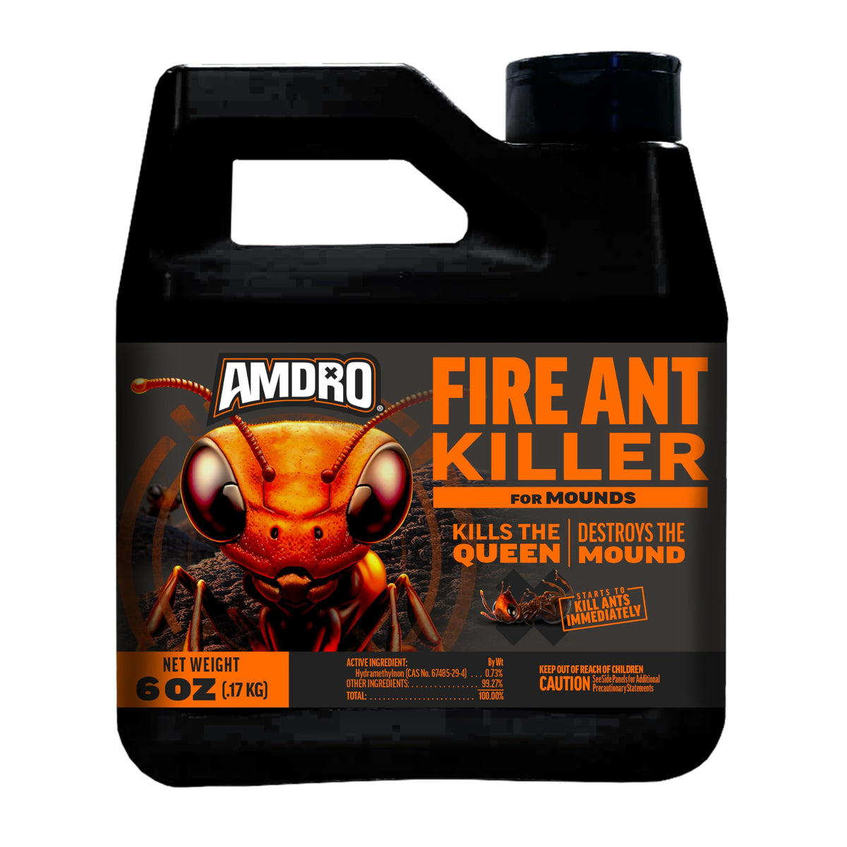 Amdro fire ant bait granules 6oz ready for outdoor mound treatment, reducing ant activity.