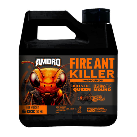 Amdro fire ant bait granules 6oz ready for outdoor mound treatment, reducing ant activity.