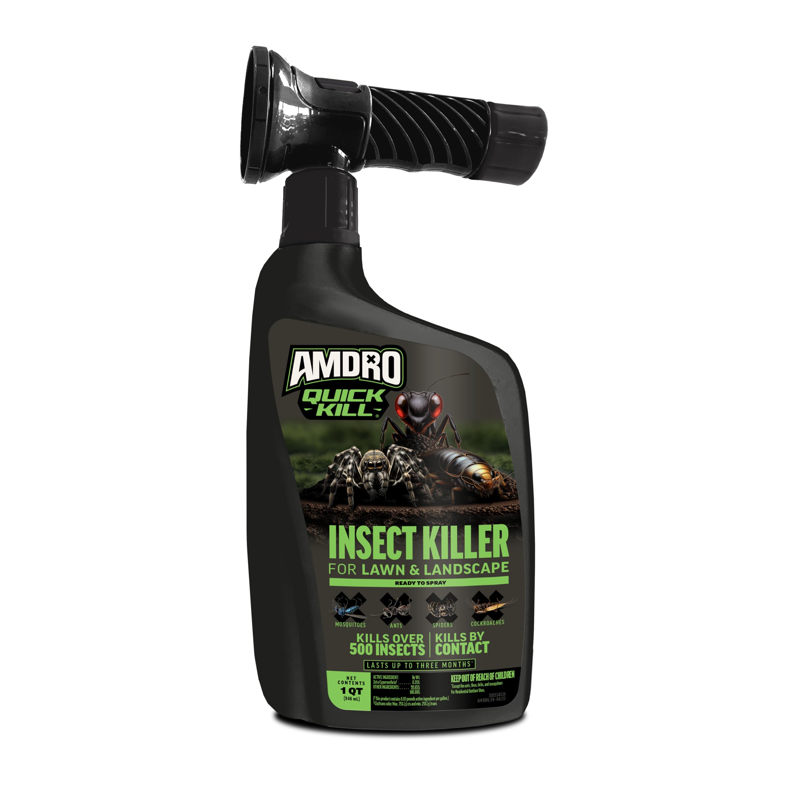 Amdro Quick Kill lawn bottle pour showing fast on-contact pest control for lawns