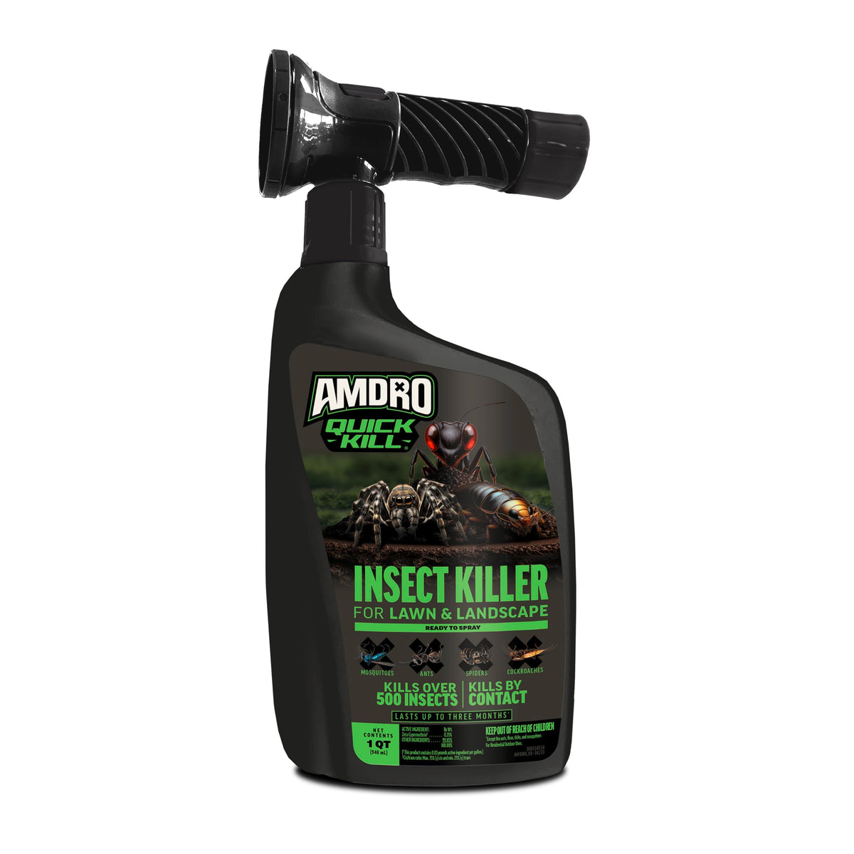 Amdro Quick Kill lawn bottle pour showing fast on-contact pest control for lawns