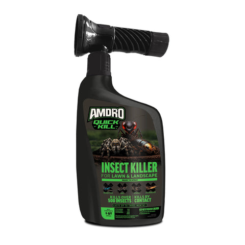 Amdro Quick Kill lawn bottle pour showing fast on-contact pest control for lawns