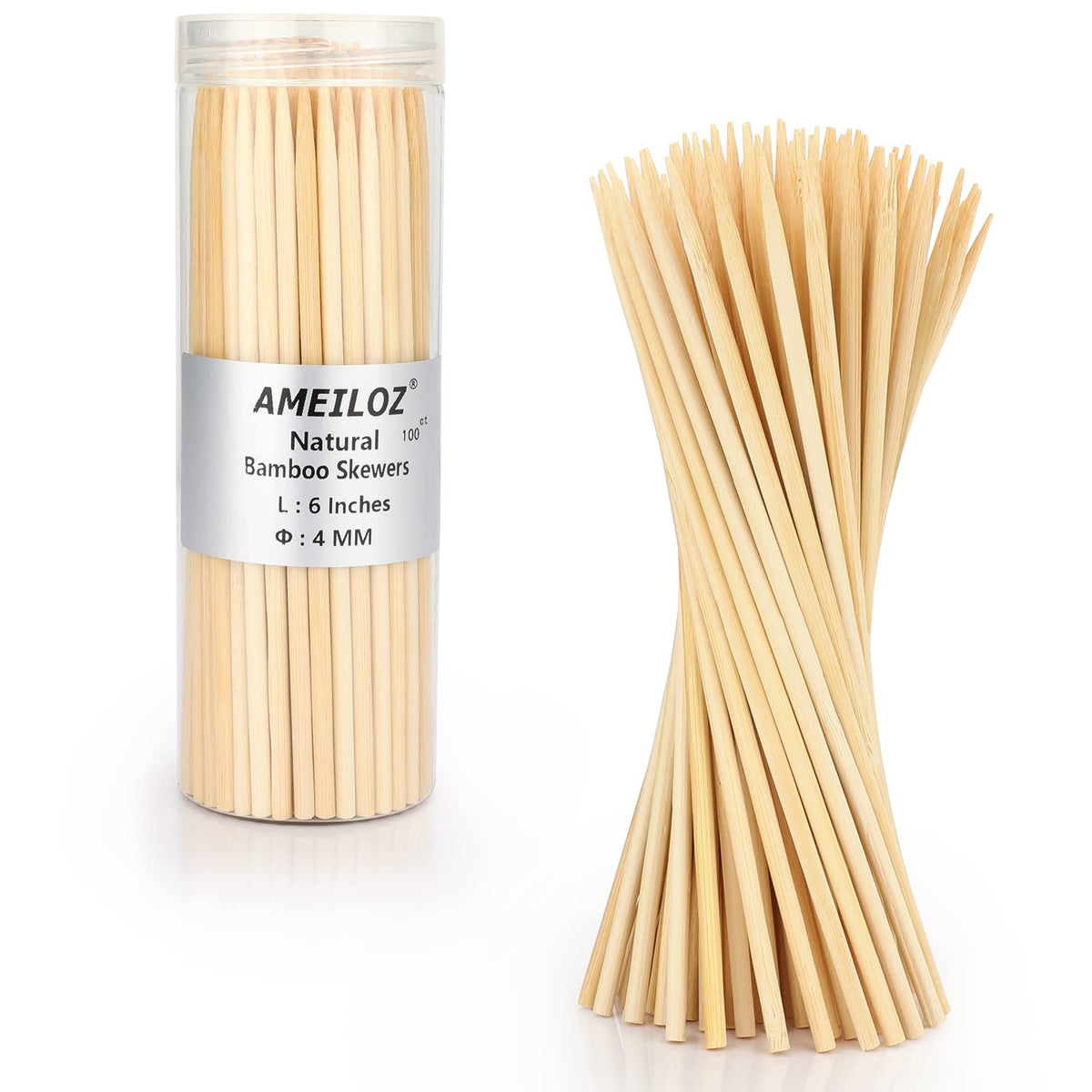 AMEILOZ 6-inch bamboo skewers packaged in a can for easy storage and grilling.
