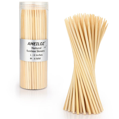 AMEILOZ 6-inch bamboo skewers packaged in a can for easy storage and grilling.