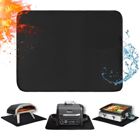 Amerbro grill mat under a tabletop grill protecting outdoor surface and reducing cleanup