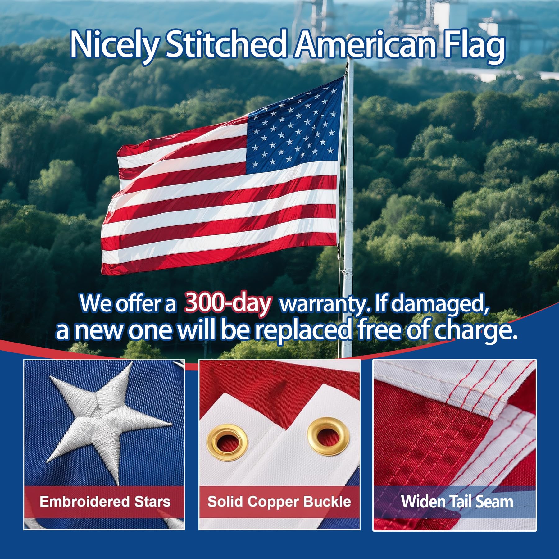 Embroidered stars on American flag 3x5 for lasting patriotic detail.