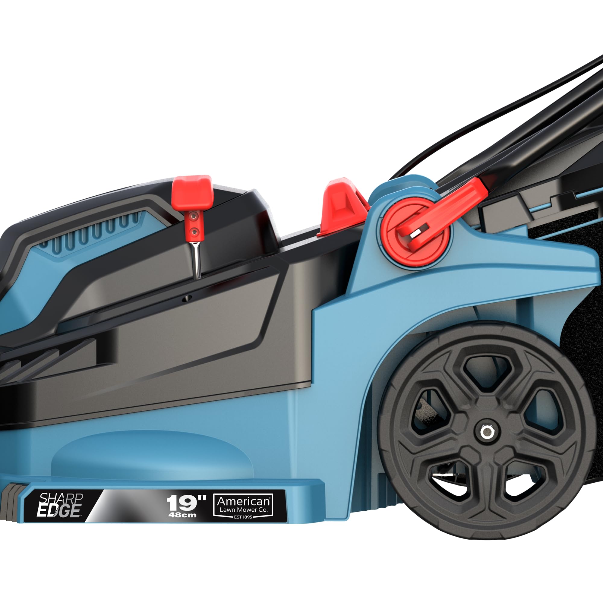 American Lawn Mower Company 51319 grass catcher attached for tidy lawn debris collection.