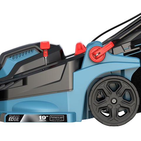 American Lawn Mower Company 51319 grass catcher attached for tidy lawn debris collection.