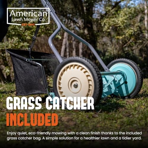 American Lawn Mower Company 1304-14GC grass catcher attached for quick disposal.