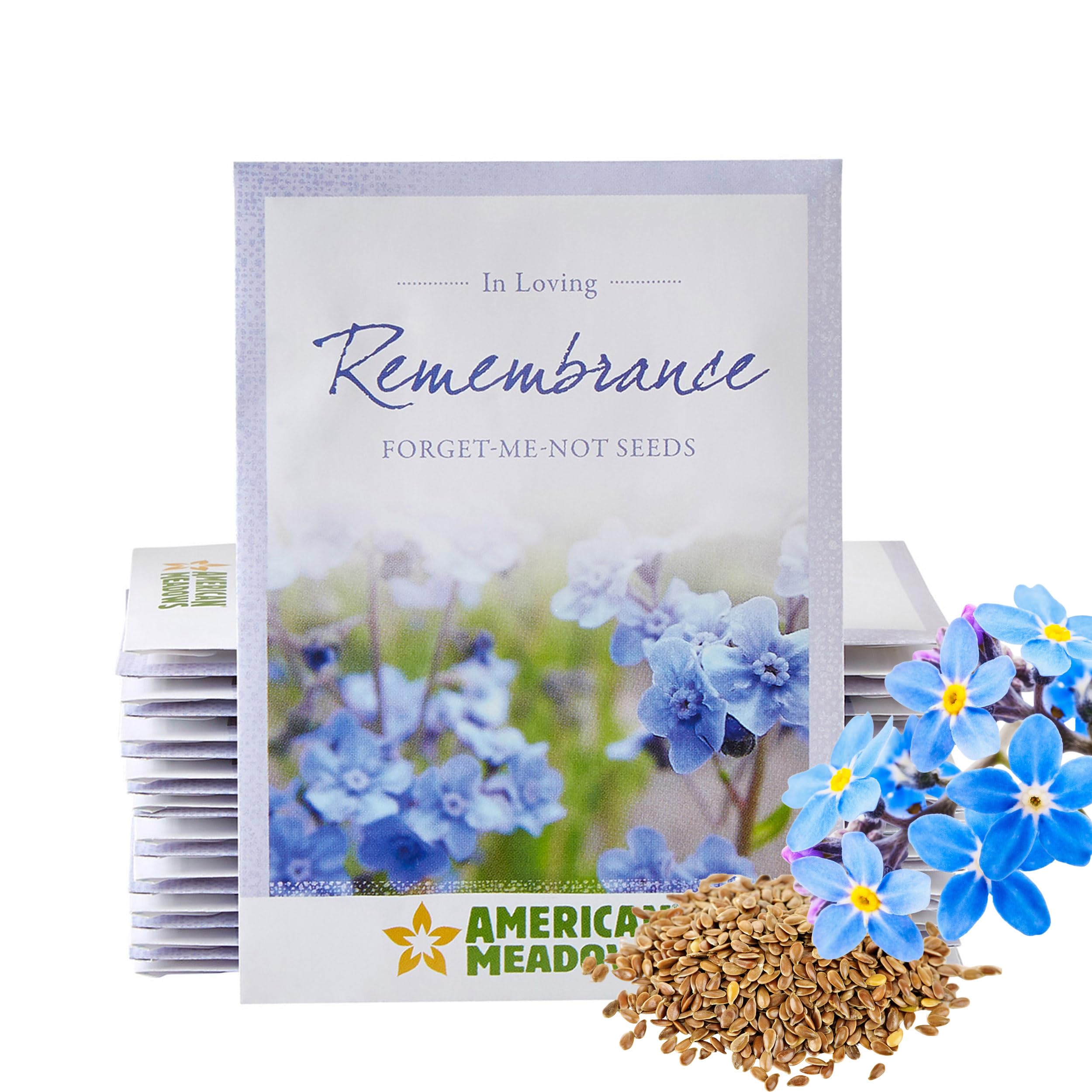 American Meadows forget-me-not seed packets packaging ready for memorial favors.