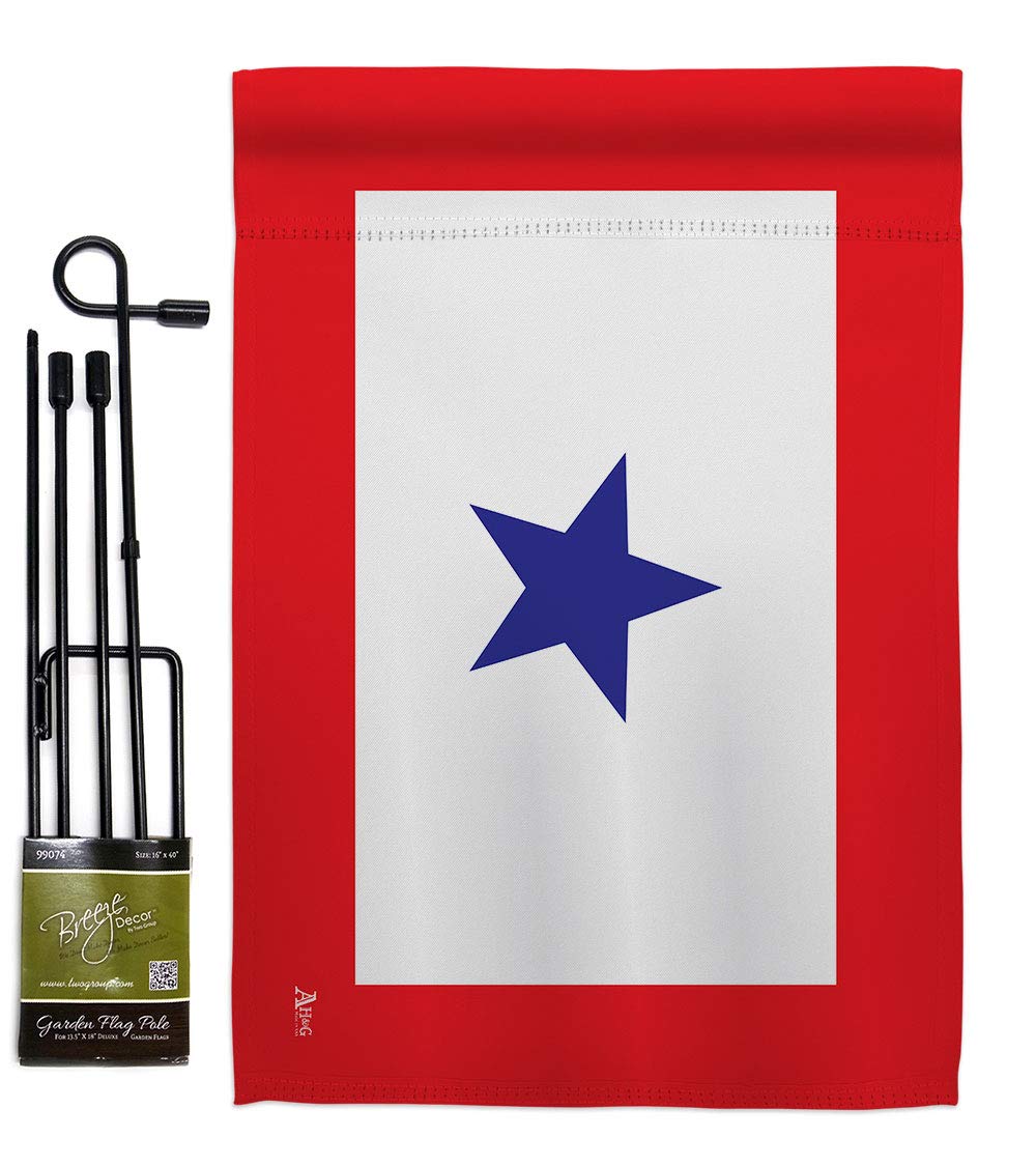 Americana blue star deployment flag with pole stand for durable outdoor display.