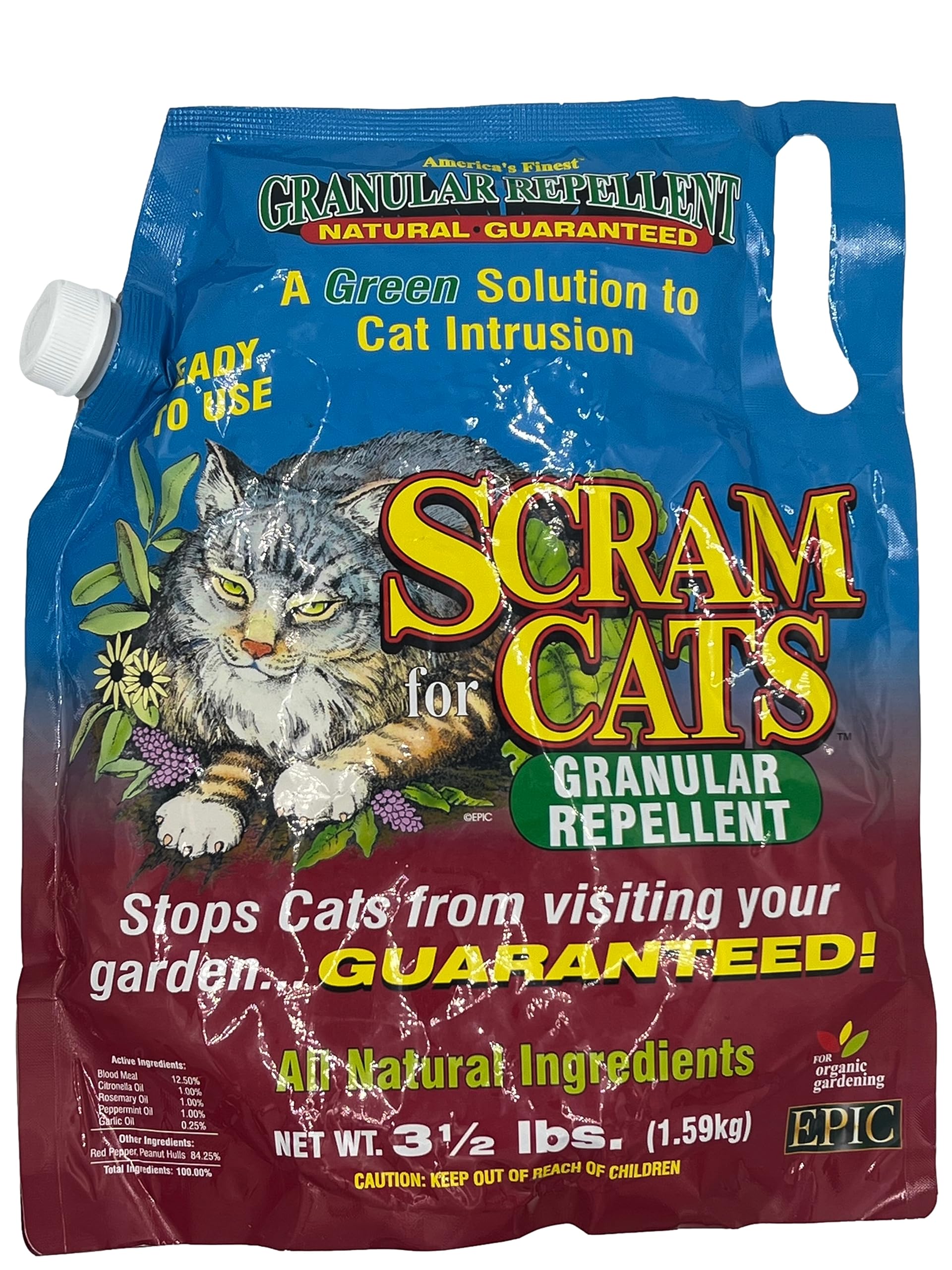 America's Finest Scram for Cats bag – compact packaging for convenient garden use.