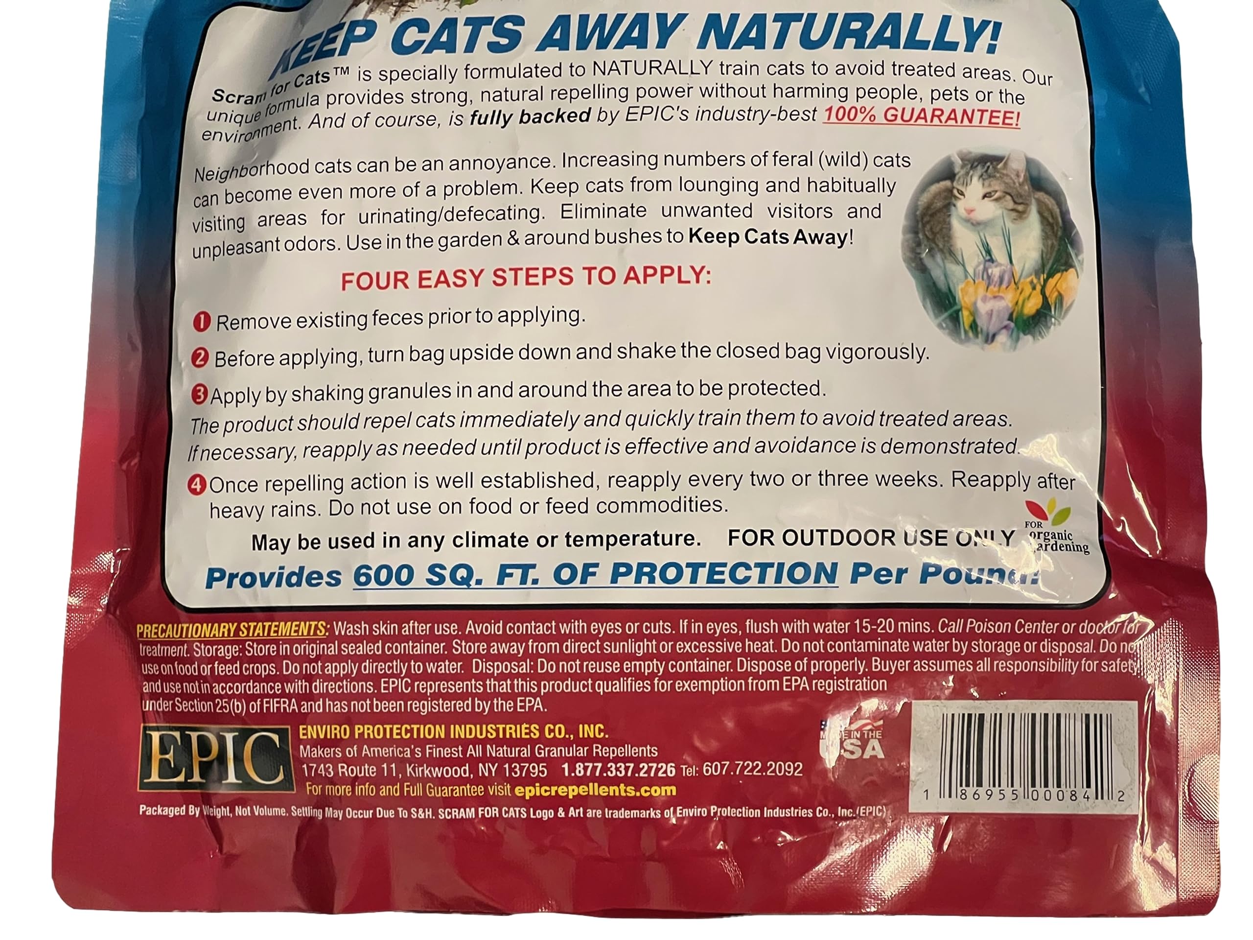 America's Finest Scram for Cats protecting blooming flowers from cat visits.