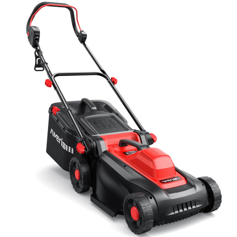 AMERISUN 14-inch electric mower front view showing compact design for tight spaces and easy storage