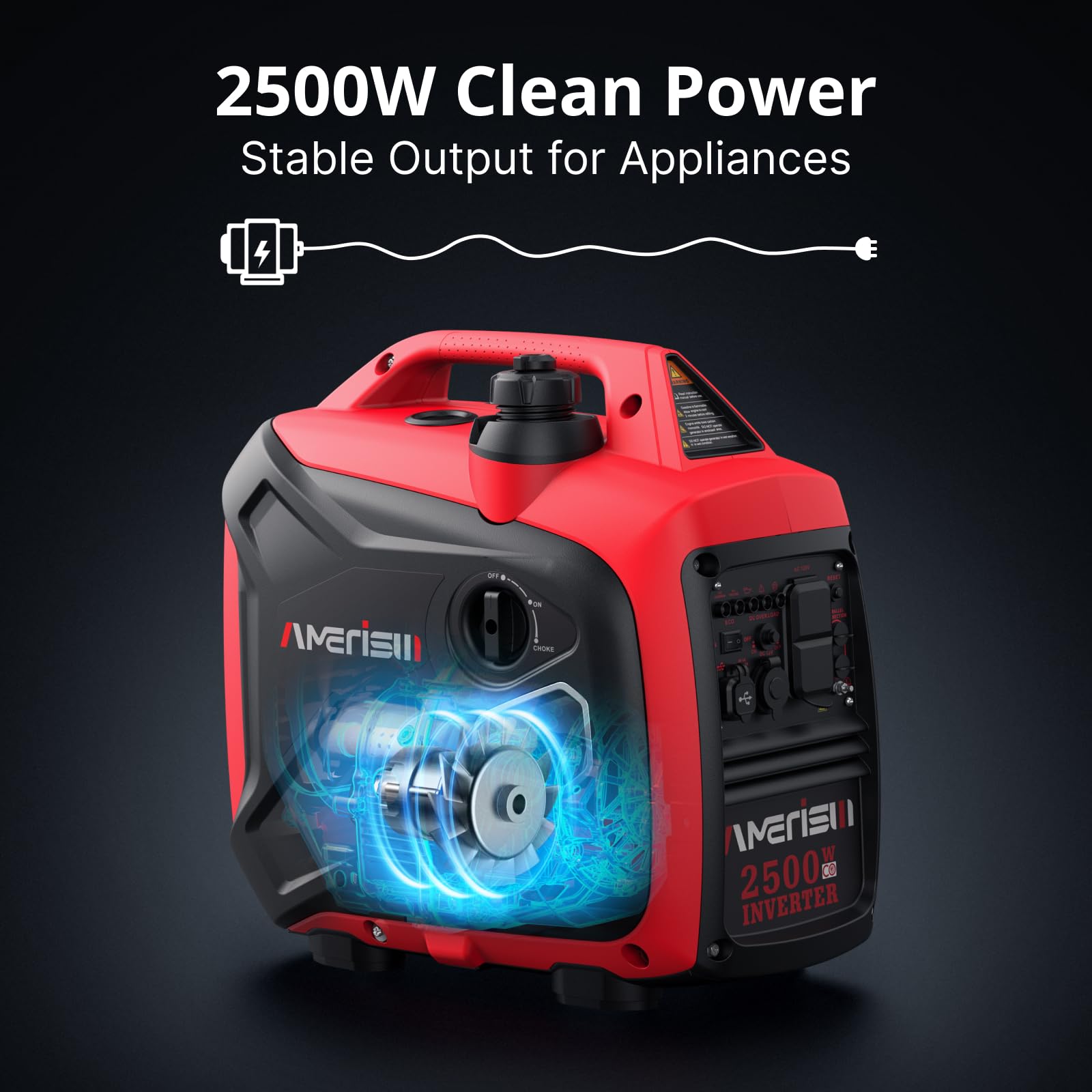 AMERISUN 2500W inverter generator with USB and outlets powers devices and charges on the go.