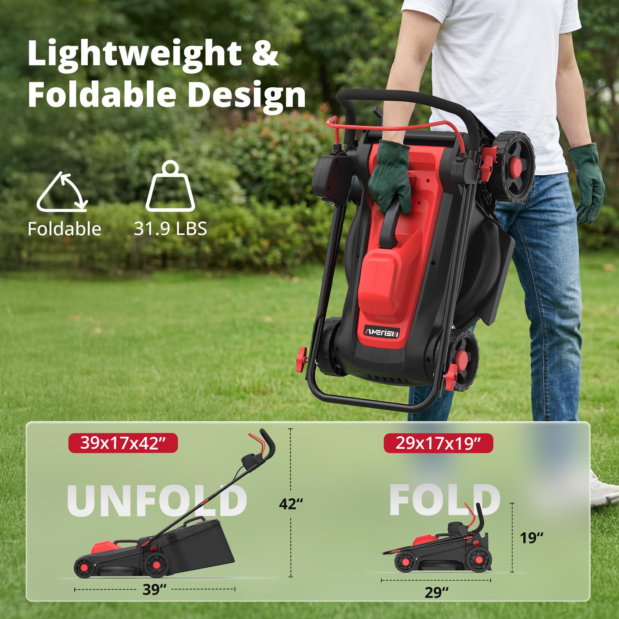 AMERISUN 6-position height adjustment deck enabling precise grass length control
