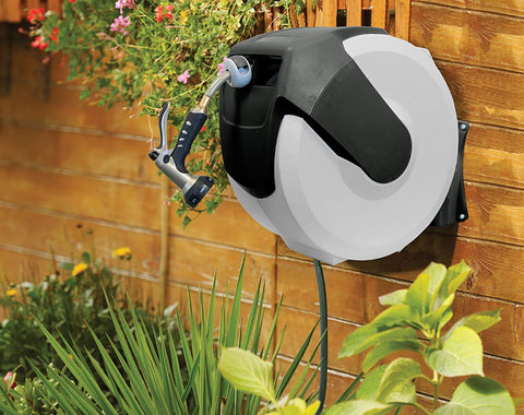 AMES NeverLeak aluminum wall reel shows 180-degree swivel for flexible access