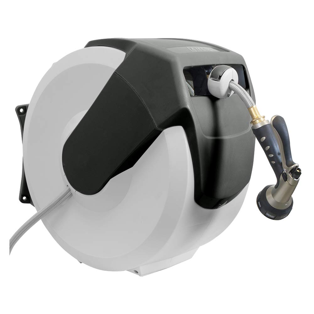 AMES NeverLeak AutoWinder wall-mount reel with 100-foot hose capacity for quick watering