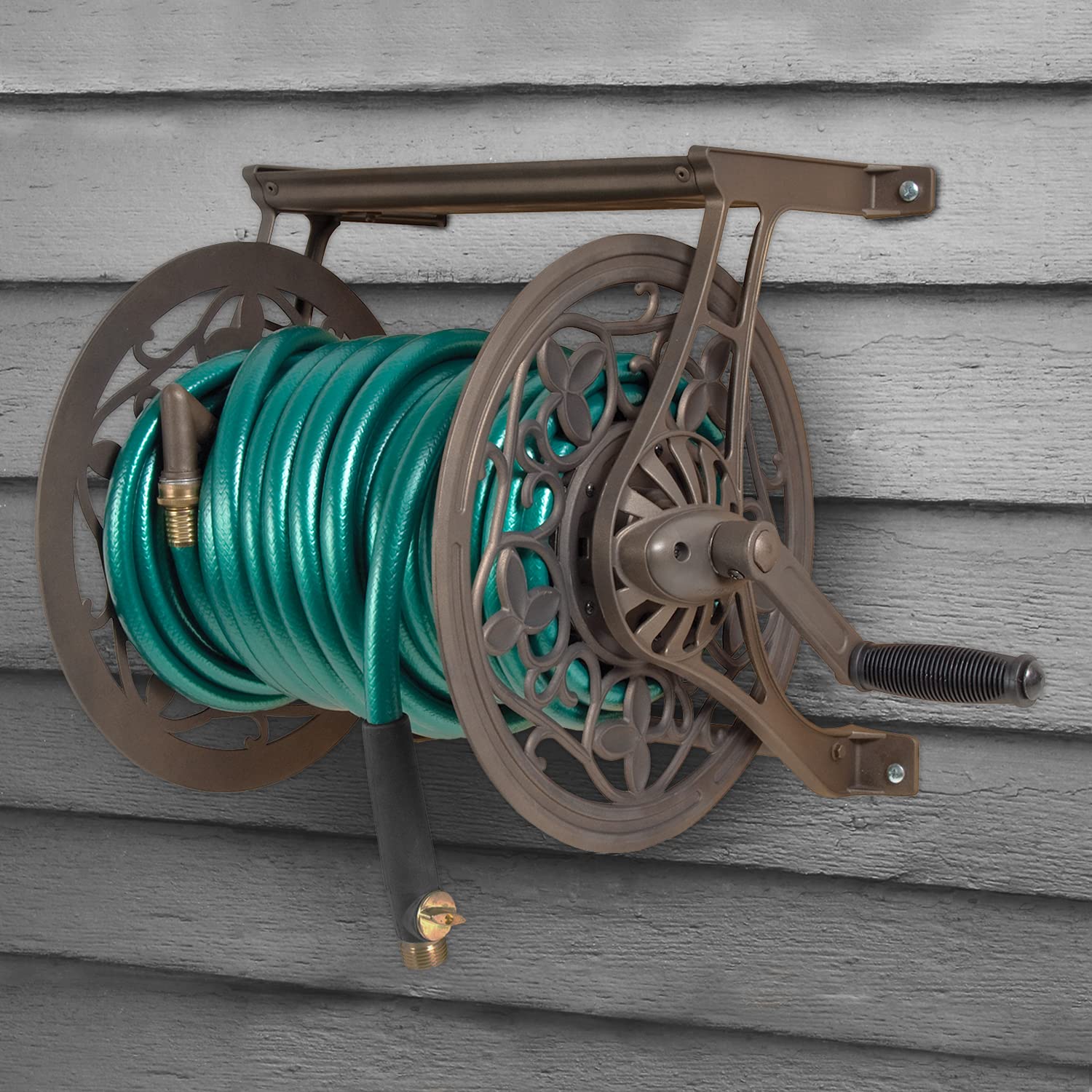 AMES NeverLeak hose reel mounted on a wall simplifies watering and reduces tangles