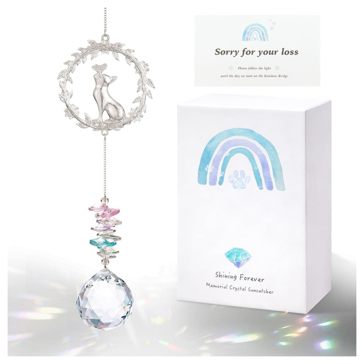 AMETHUARTZ Cat Memorial Suncatcher with angelic rainbow light, honoring a beloved pet