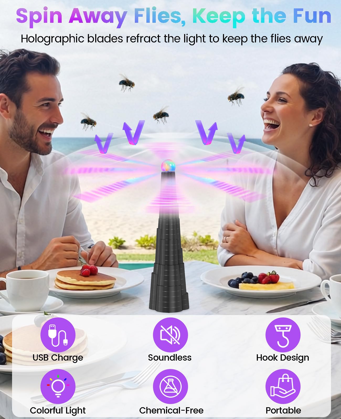 AMFLOWER USB rechargeable fly fan runs quietly for picnics and gatherings.