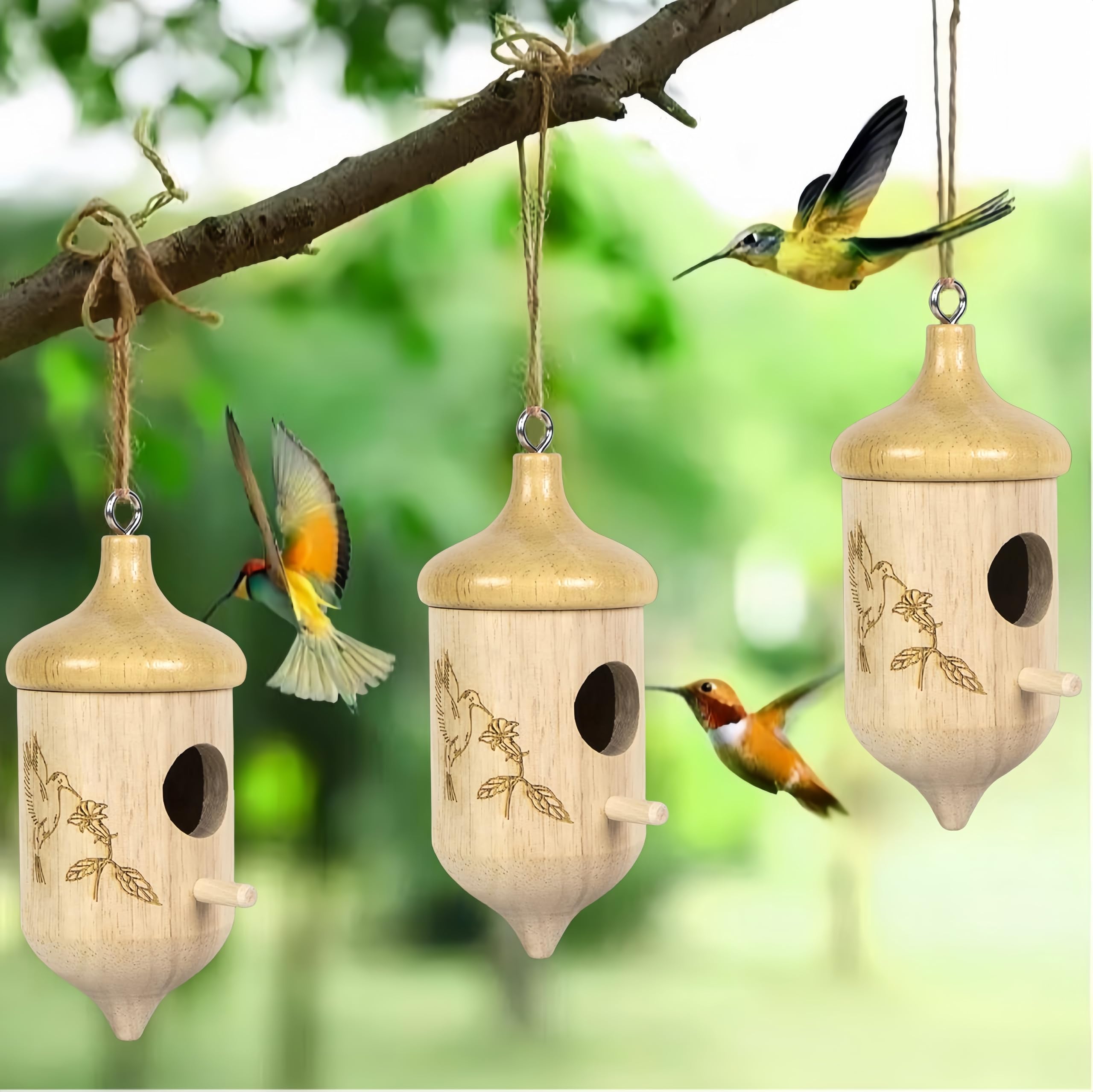 AMFUN natural oak hummingbird house closeup emphasizes craftsmanship and durable material