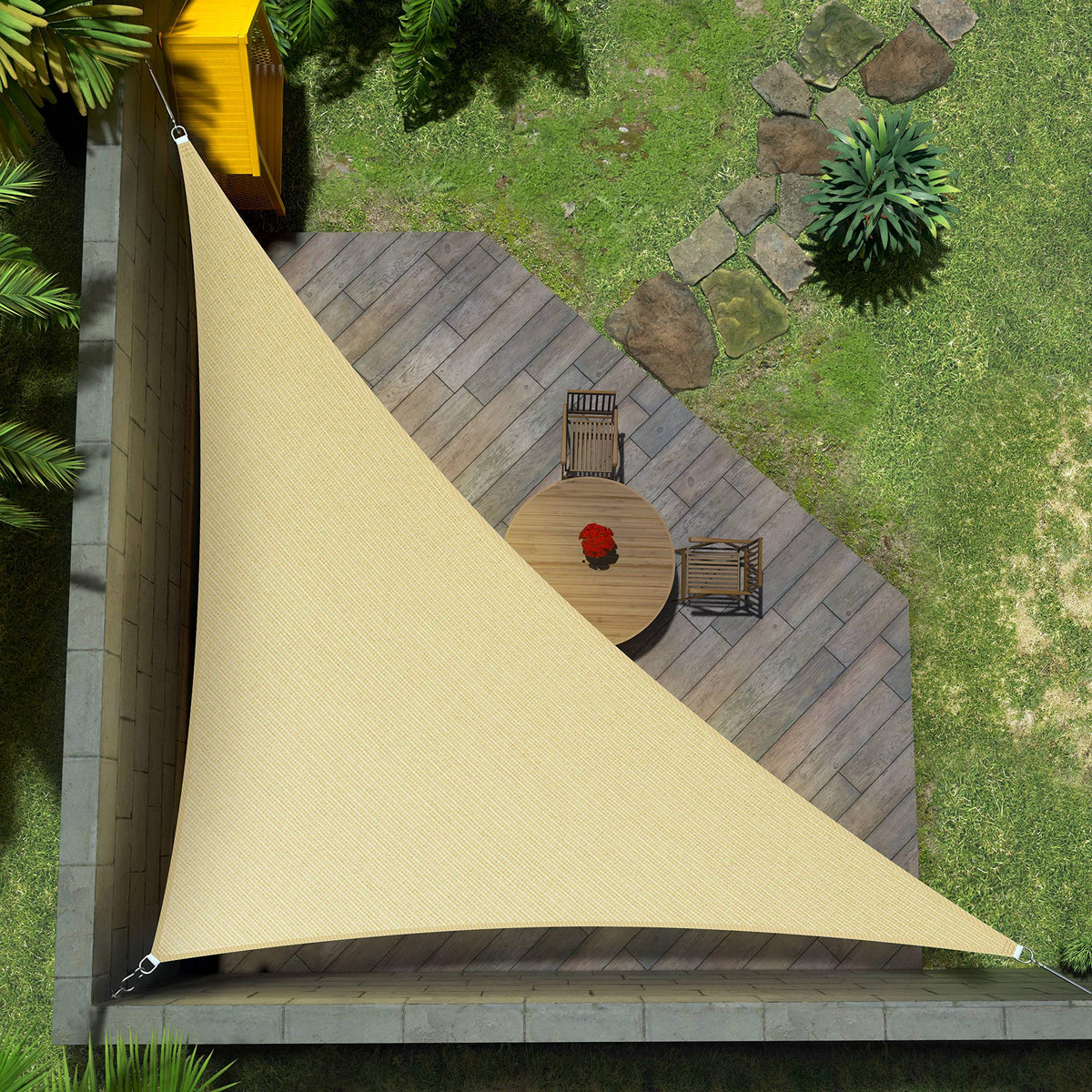 Amgo beige right-triangle sun shade sail cools patios and blocks UV rays.