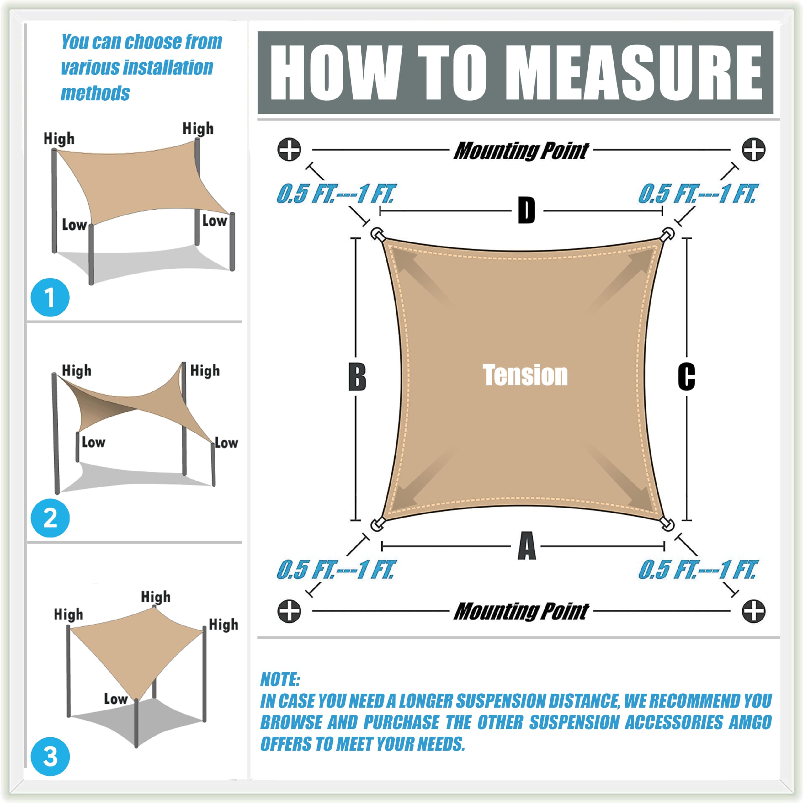 Amgo shade sail 8x10 beige stitching detail highlights heavy-duty construction.