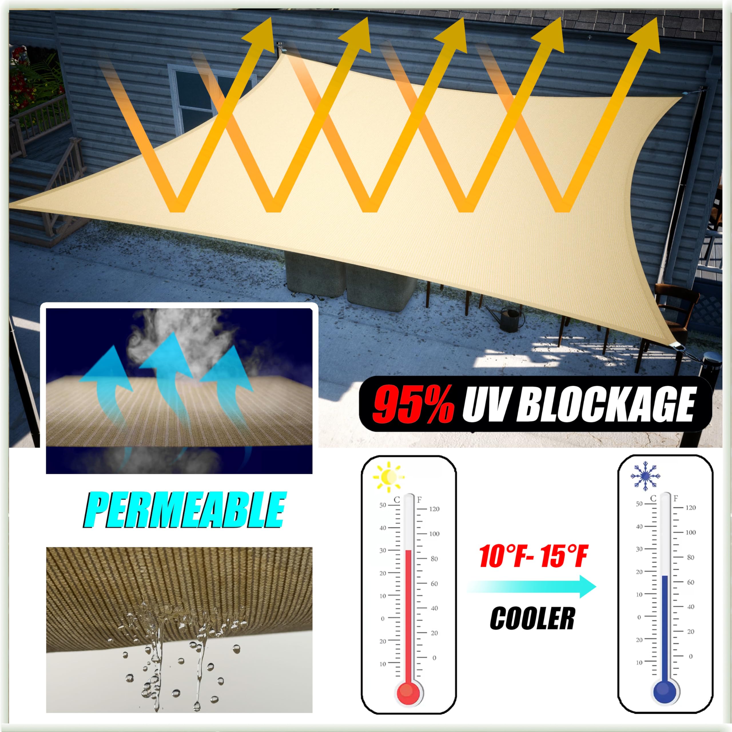 Amgo shade sail has reinforced edges and double-stitching to resist wear.