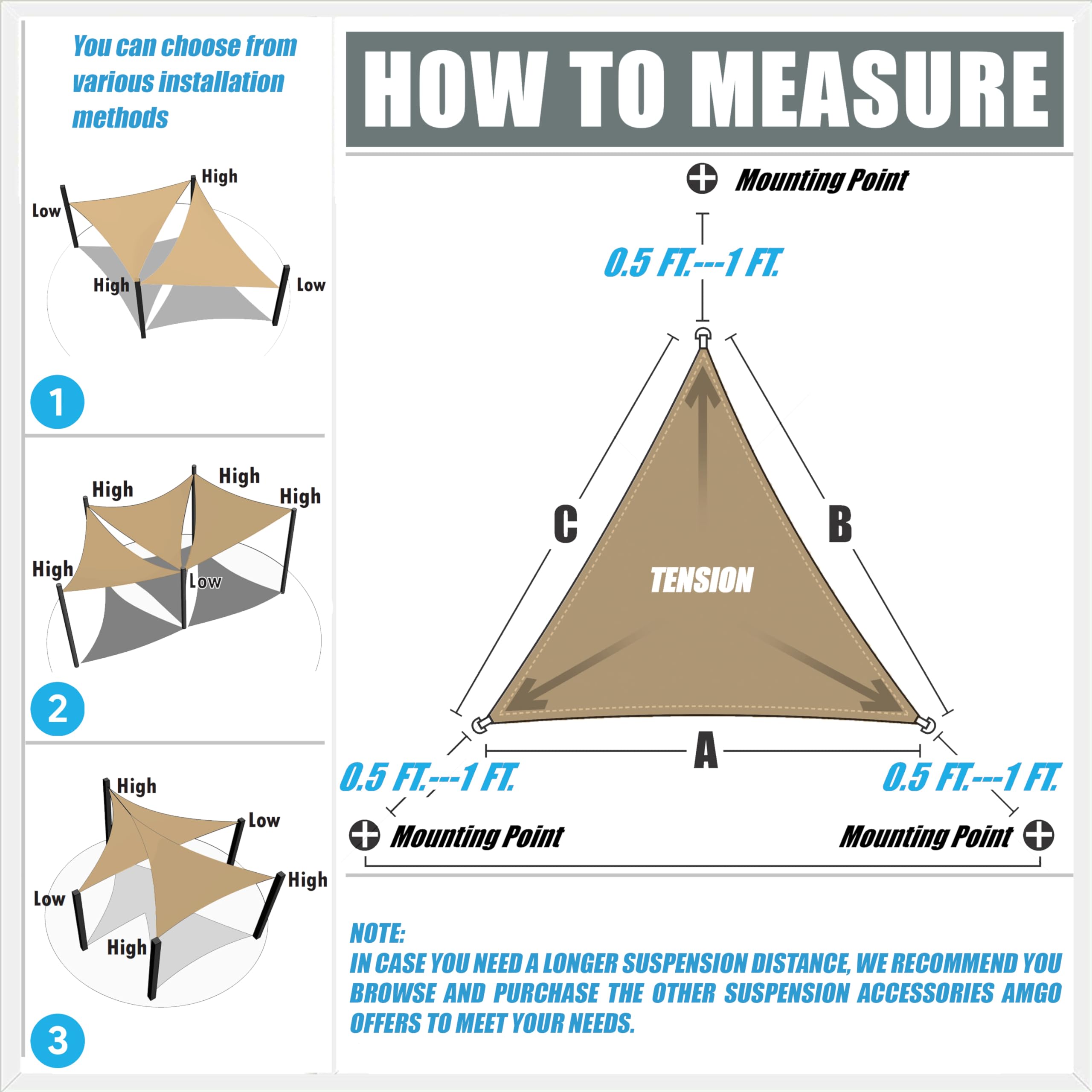 Amgo beige shade sail wall-mounted on a patio setup