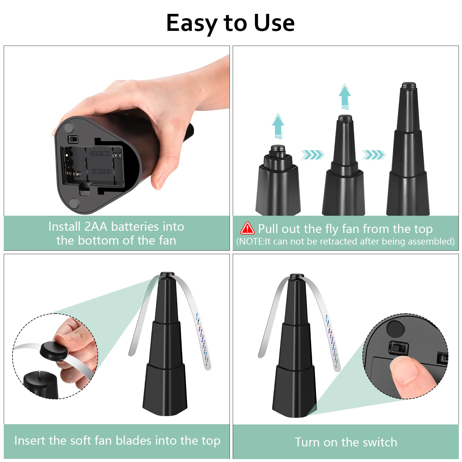 AMIAEDU battery-powered fly fan runs on 2 AA for on-the-go relief.