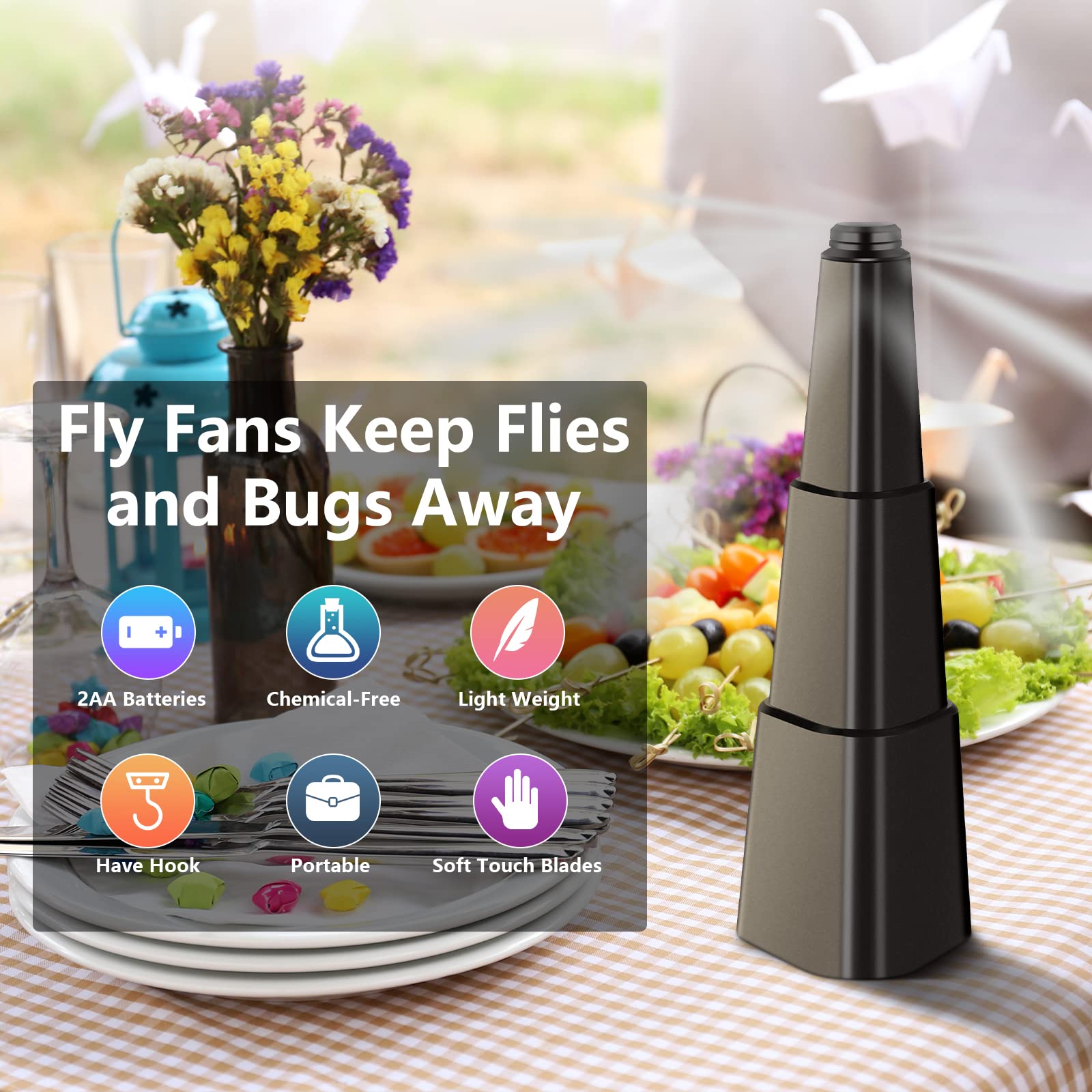 AMIAEDU fly fan with holographic blades disrupts insects and enhances dining ambiance.