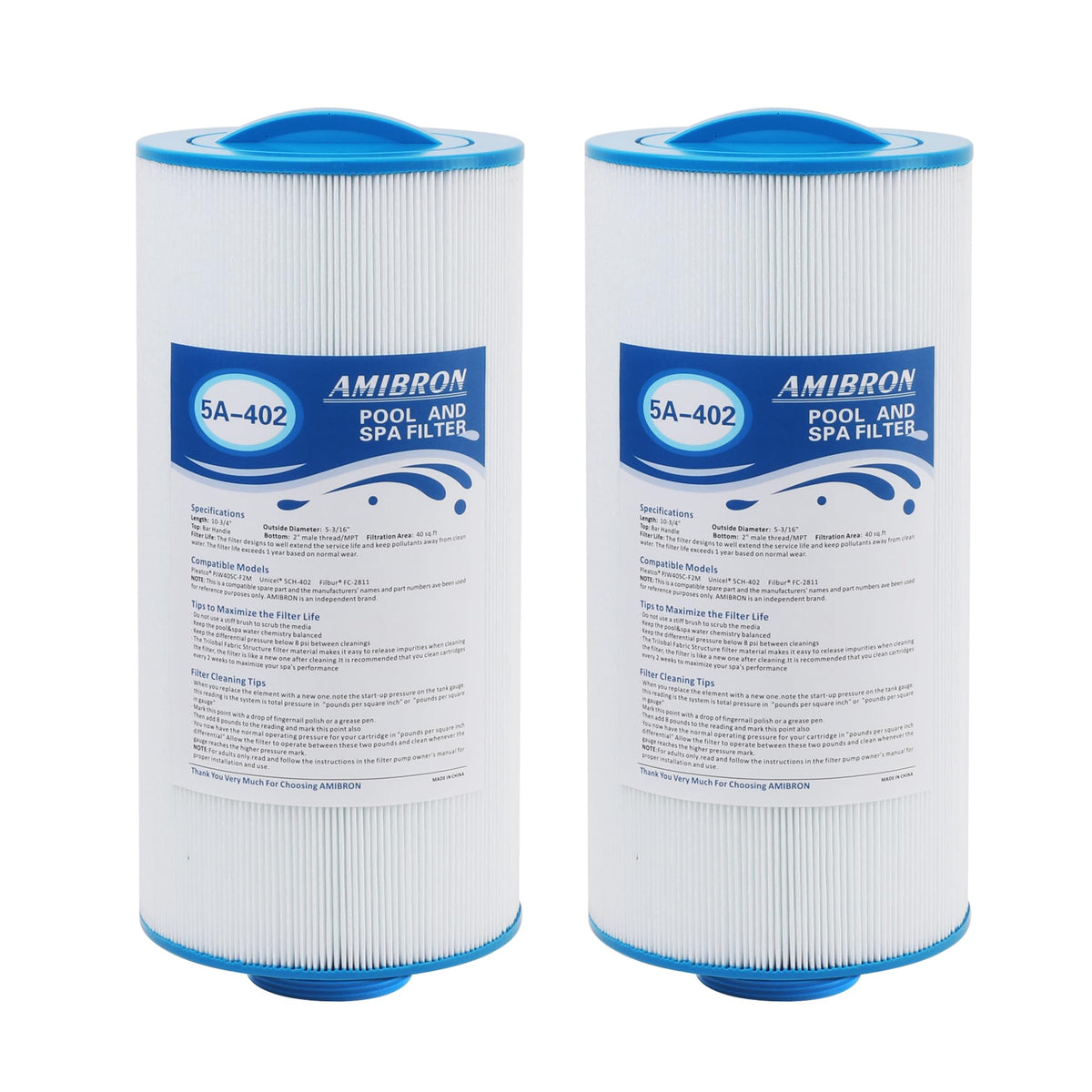 Amibron 5CH-402 filter cartridge close-up for spa filtration and clearer water.