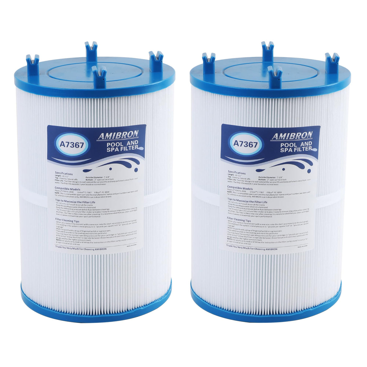 AmiBron C-7367 spa filter close-up showing pleated media for strong filtration.